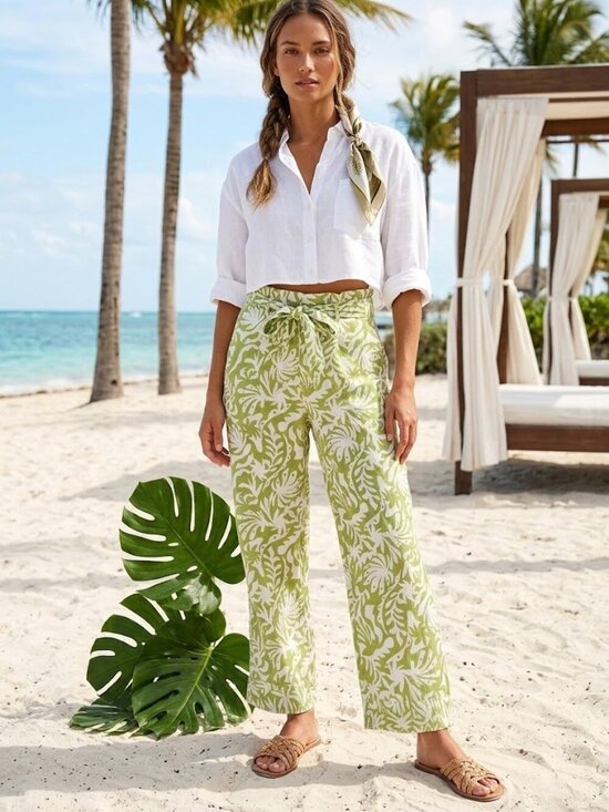Rachel Zoe Pants - 100% Linen Rachel Zoe Green and White Tropical Palm Print Wide-Leg Pants Size M